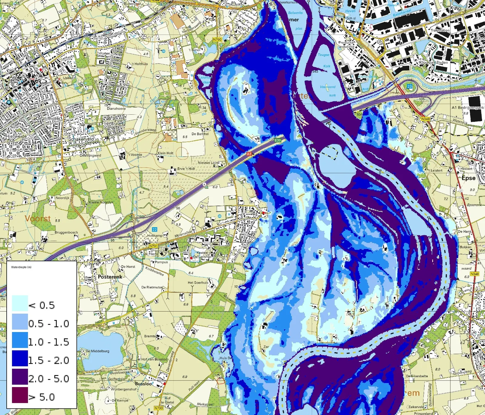Waterdieptekaart: gebieden rond de Wilpse Klei die ongeveer eens in de honderd jaar kunnen overstromen (bron: LIWO, Rijkswaterstaat; ondergrond PDOK).
