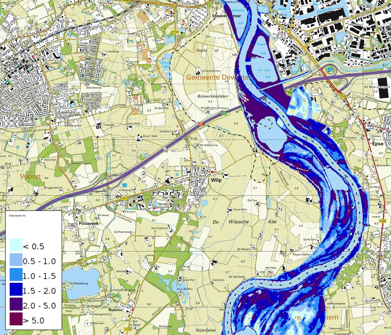 Waterdieptekaart: gebieden rond de Wilpse Klei die ongeveer eens in de tien jaar kunnen overstromen (bron: LIWO, Rijkswaterstaat; ondergrond PDOK).
